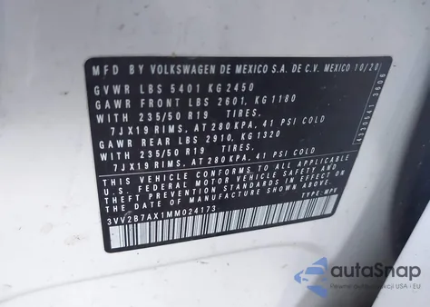 2021 Volkswagen Tiguan 2.0T Se/2.0T Se R-Line Black/2.0T Sel из США, поврежденный, VIN 3VV2B7AX1MM024173